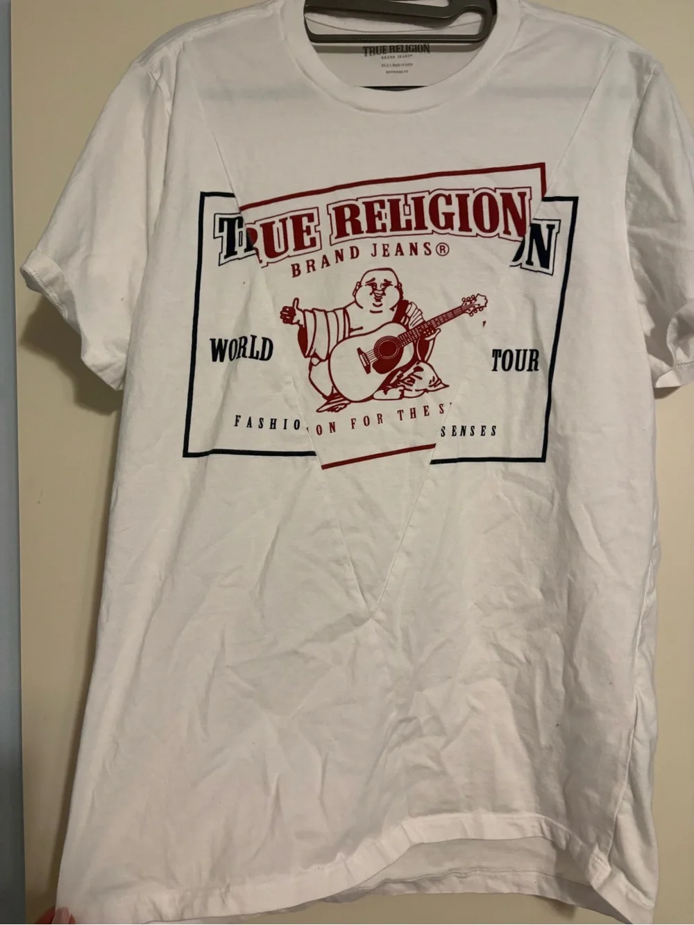 True Religion White Short-Sleeve Tee with Red & Navy Graphic